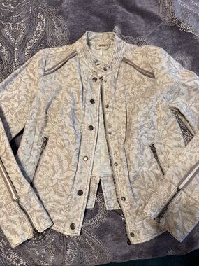 Free People Light Taupe Floral Quilted Moto Jacket